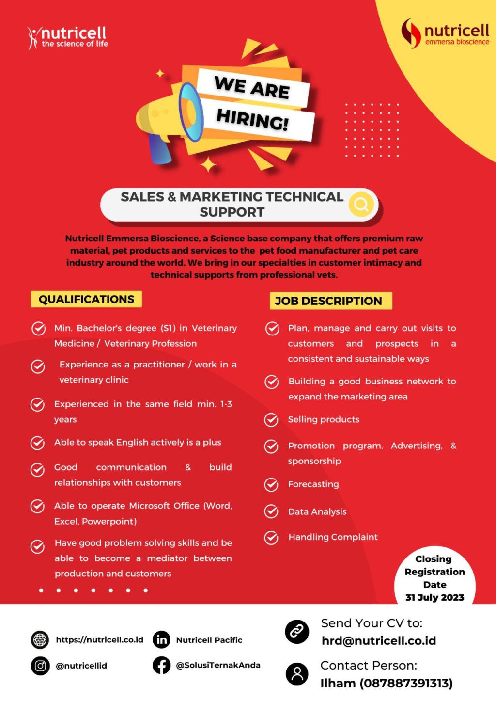 Lowongan Kerja: Sales & Marketing Technical Support Nutricell