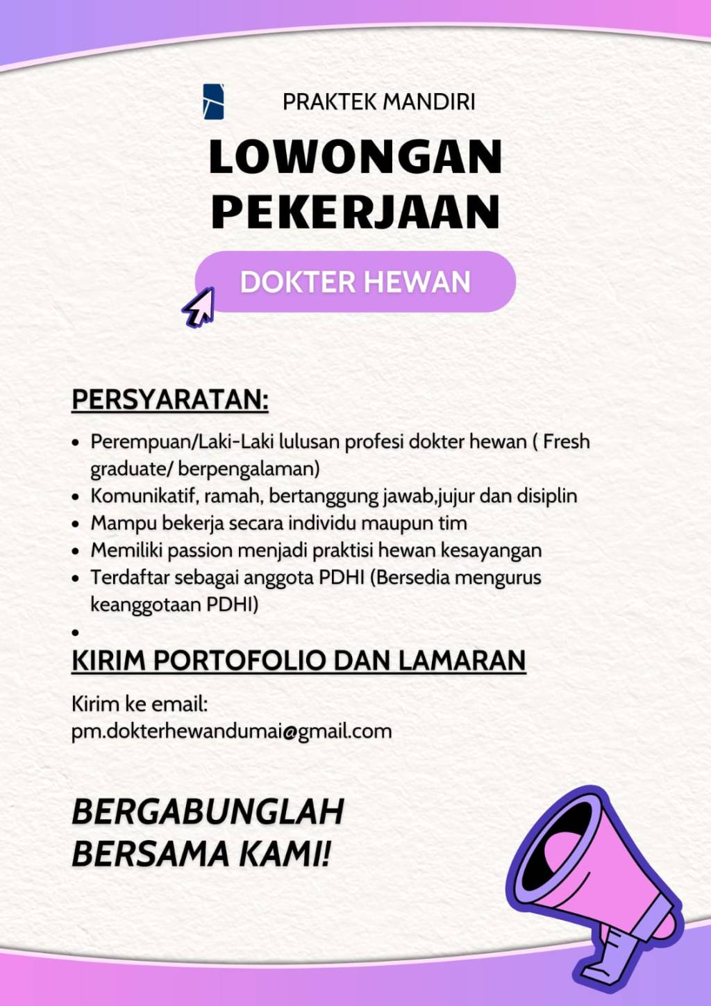 Lowongan Kerja: Praktek Mandiri Dokter Hewan di Kota&nbsp;Dumai